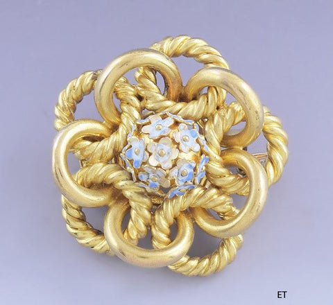 Superb late 1800s Victorian 14k Gold & Enamel Forget-Me-Not Knot Pin / Brooch