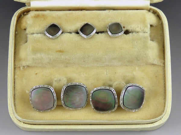 Antique c1905 Krementz 14K Gold Abalone Shell Cufflink 3 Shirt Stud Set