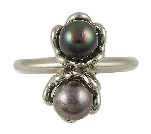 Iridescent 14K White Gold Peacock Black Pearl Ring Size 5.75 by Brogan