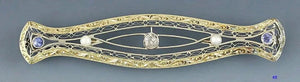 Antique C1910 American 14k Gold Filigree Diamond Sapphire Bar Pin Brooch