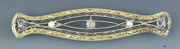 Antique C1910 American 14k Gold Filigree Diamond Sapphire Bar Pin Brooch