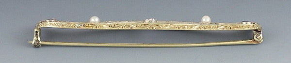 Antique C1910 American 14k Gold Filigree Diamond Sapphire Bar Pin Brooch