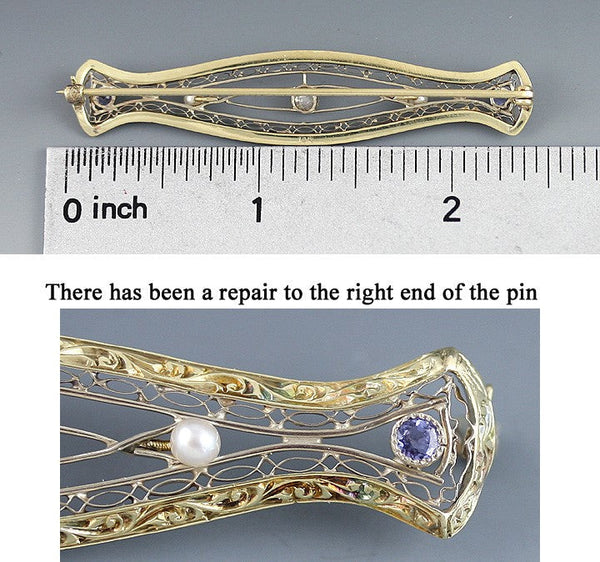 Antique C1910 American 14k Gold Filigree Diamond Sapphire Bar Pin Brooch