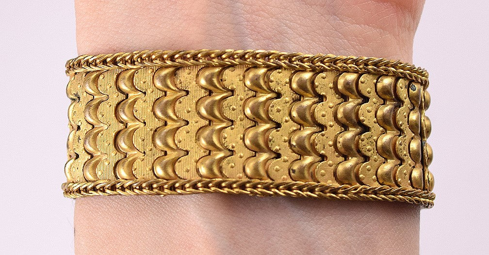 Fun American Victorian Gilded Slide Bracelet w/ Flower and Simulated Purple Gems