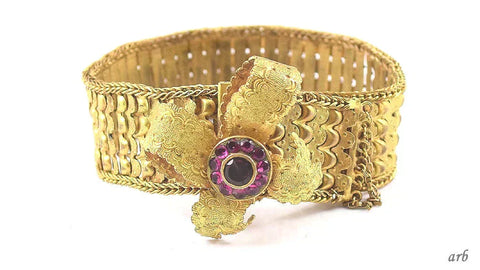Fun American Victorian Gilded Slide Bracelet w/ Flower and Simulated Purple Gems