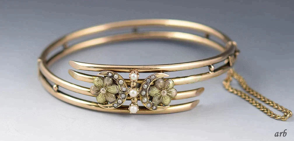 Vintage 10k Yellow Gold Bangle Bracelet w/ Crescent Moons and Accent Pearls
