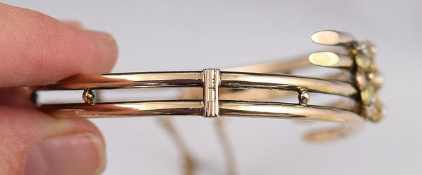 Vintage 10k Yellow Gold Bangle Bracelet w/ Crescent Moons and Accent Pearls