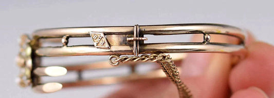 Vintage 10k Yellow Gold Bangle Bracelet w/ Crescent Moons and Accent Pearls