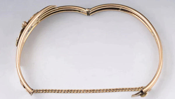 Vintage 10k Yellow Gold Bangle Bracelet w/ Crescent Moons and Accent Pearls