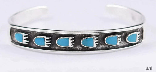 Chic Vintage Sterling Silver Cuff Bracelet Inlaid Turquoise Bear Claw Shapes