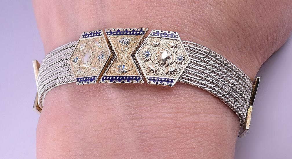 Fantastic Gilt Sterling Silver Victorian-Form Bracelet w/ Enamel from 1960s-70s