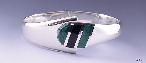 Gorgeous Sterling Silver Malachite Onyx Hinged Bracelet from Mexico