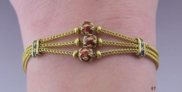 Gorgeous High Karat 23k Yellow Gold Red Blue Enamel Triple Strand Chain Bracelet