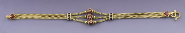 Gorgeous High Karat 23k Yellow Gold Red Blue Enamel Triple Strand Chain Bracelet