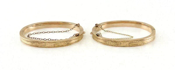 Pair Antique Victorian 14K Yellow Gold Hand Engraved Child Bangle Bracelets