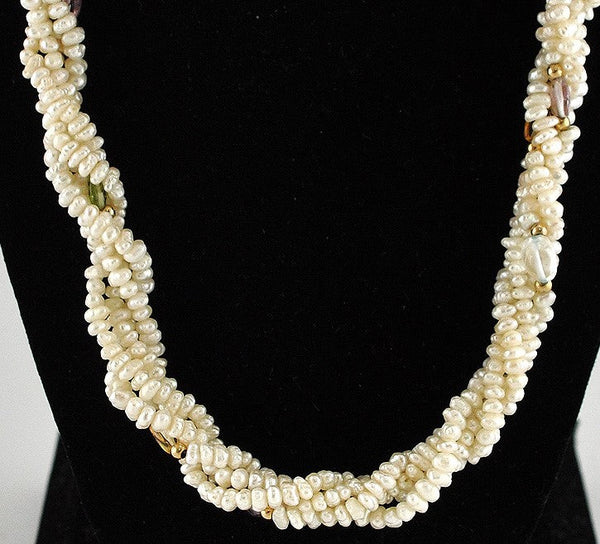 Lovely 4 Strand Twisted Genuine Pearl Necklace Genuine Stones and Gold Beads 38"