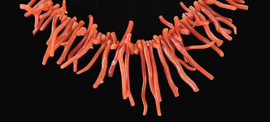 Attractive Bright Red Modern Filigree Clasp Necklace w/ Strands of Branch Coral