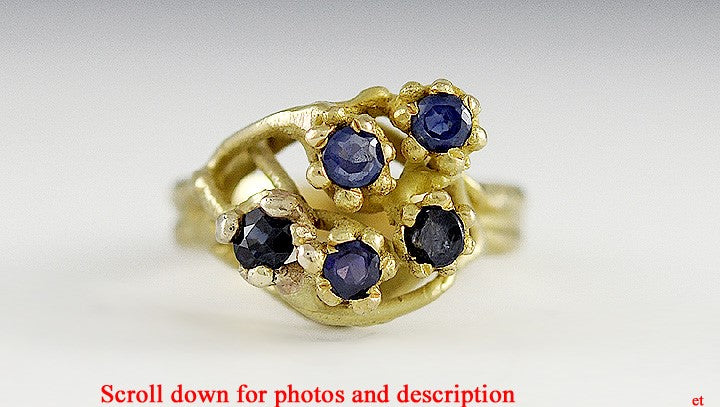 Naturalist Italian 18K Yellow Gold & 5 Sapphire Ring Size 4