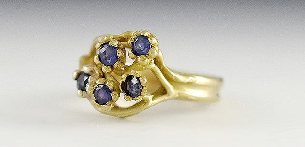 Naturalist Italian 18K Yellow Gold & 5 Sapphire Ring Size 4