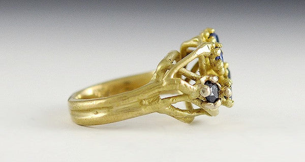 Naturalist Italian 18K Yellow Gold & 5 Sapphire Ring Size 4