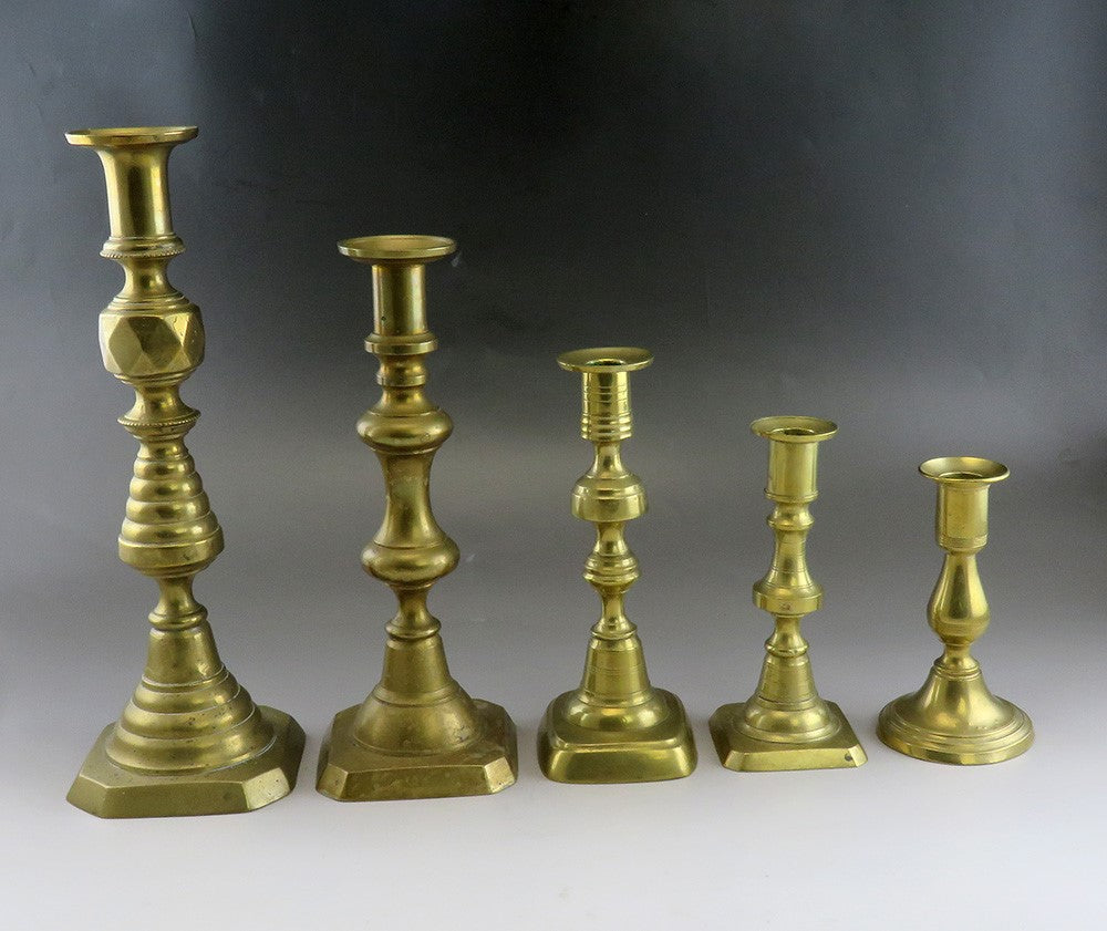 Great Group 5 Antique Victorian Brass Candlestick Holders Varying Heights