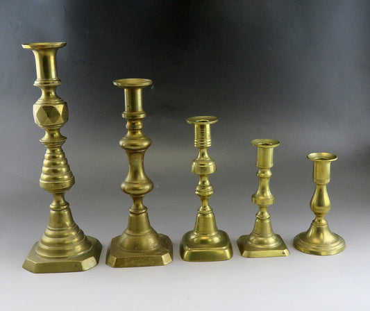 Great Group 5 Antique Victorian Brass Candlestick Holders Varying Heights