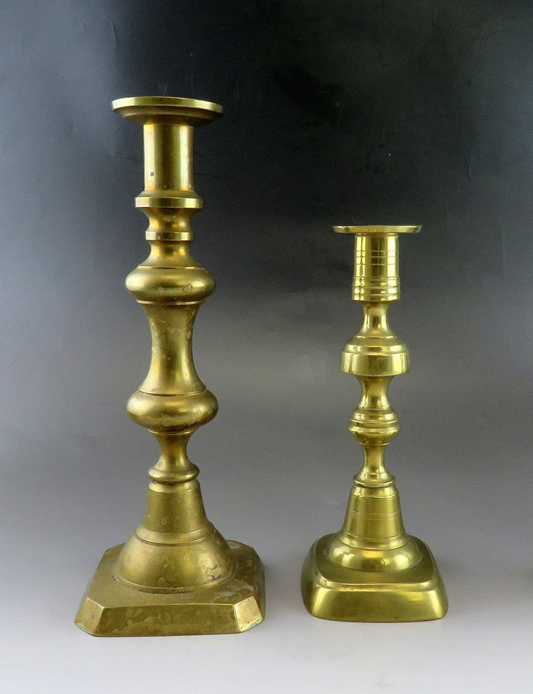 Great Group 5 Antique Victorian Brass Candlestick Holders Varying Heights