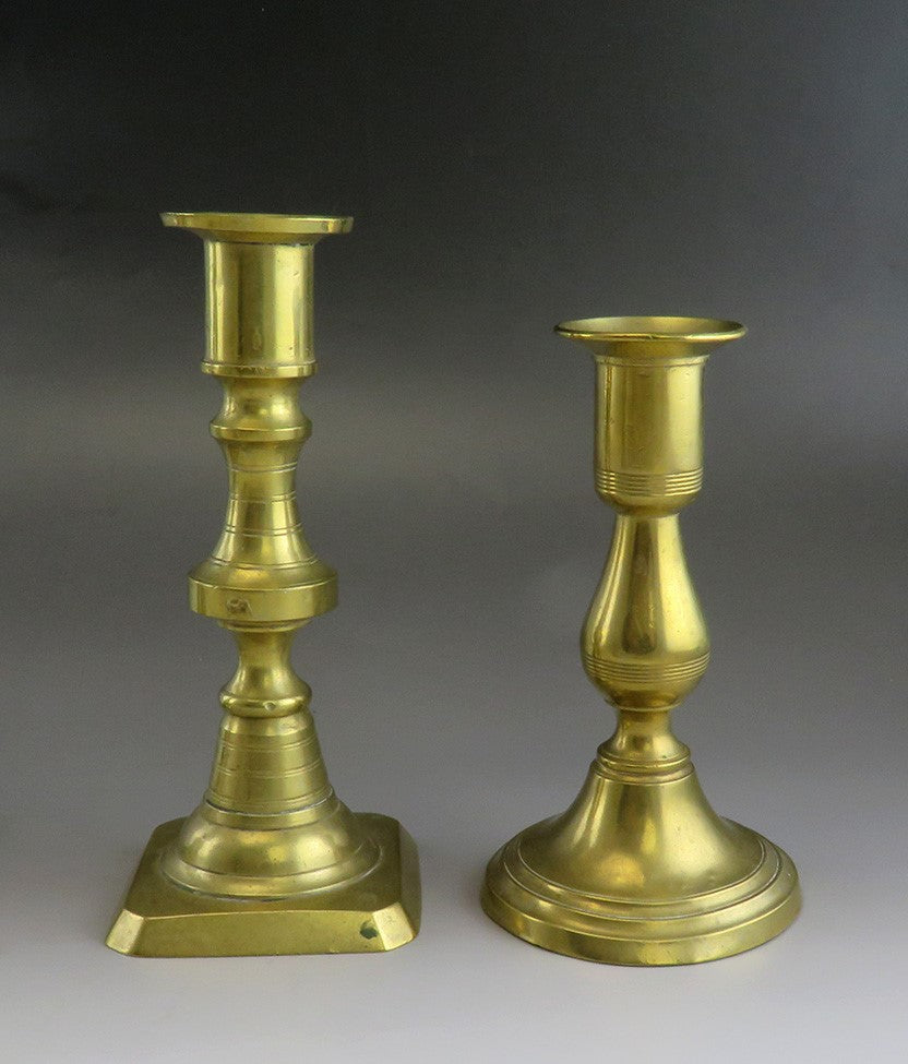 Great Group 5 Antique Victorian Brass Candlestick Holders Varying Heights