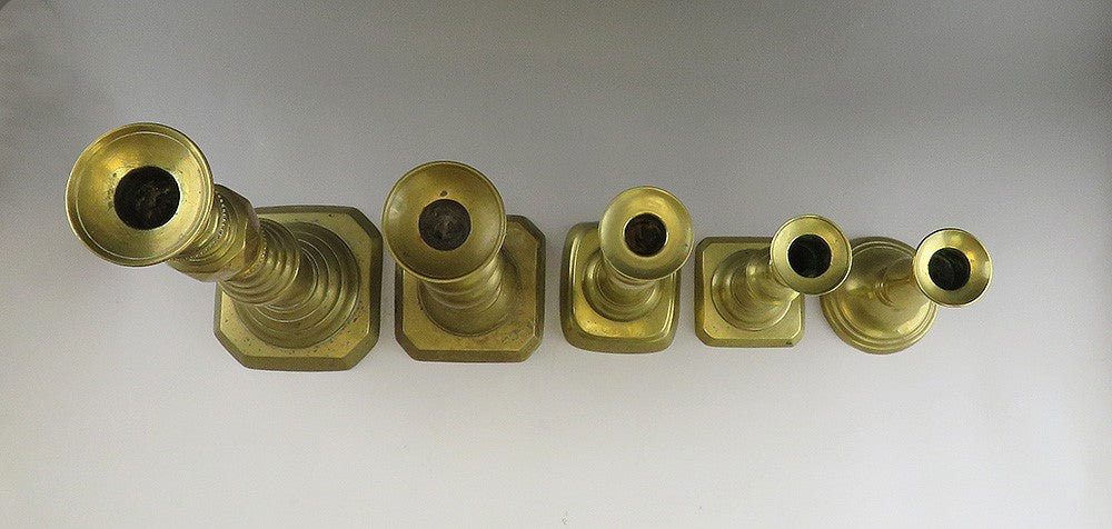 Great Group 5 Antique Victorian Brass Candlestick Holders Varying Heights