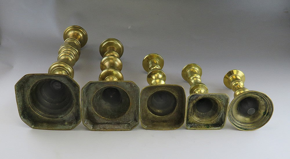 Great Group 5 Antique Victorian Brass Candlestick Holders Varying Heights