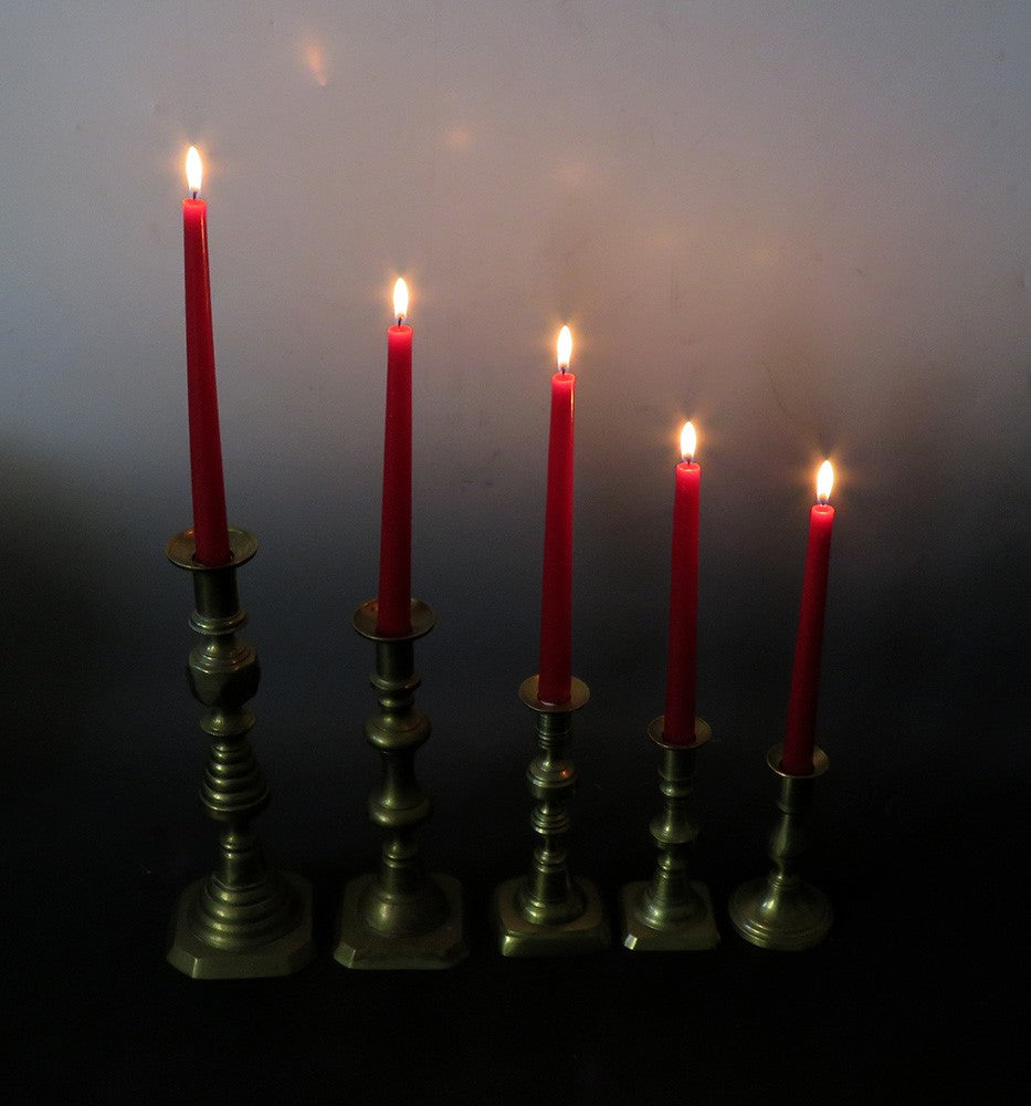 Great Group 5 Antique Victorian Brass Candlestick Holders Varying Heights