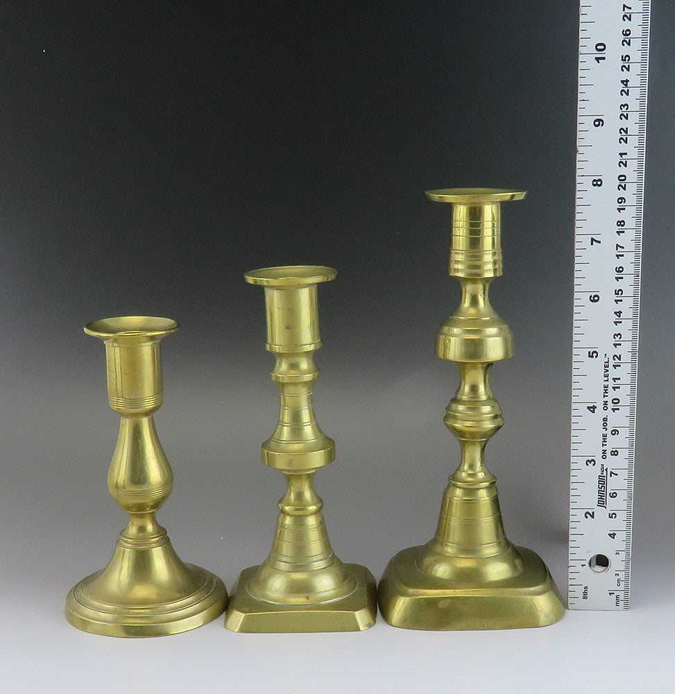 Great Group 5 Antique Victorian Brass Candlestick Holders Varying Heights