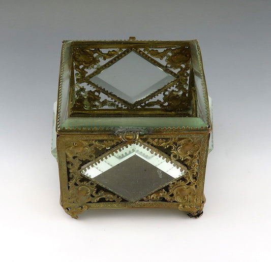 Gorgeous Antique Brass Scrollwork and Beveled Glass Trinket Dresser Jewelry Box