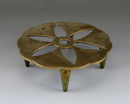 Handsome Antique Brass or Bronze Flower Kettle Stand Trivet