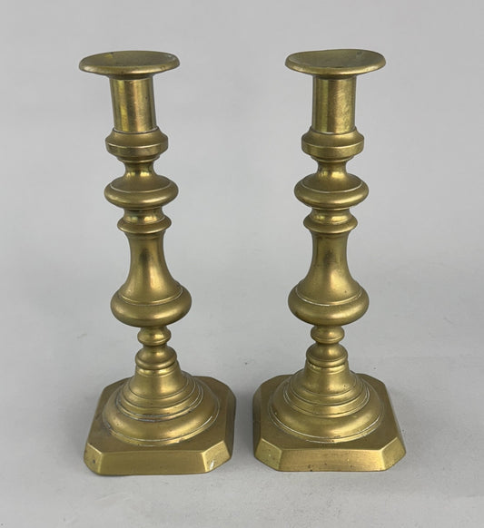 Great Pair c1850s English Victorian Brass Push Up 10.5" Candlestick Holders