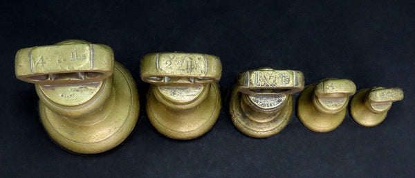 Great Assembled Set of 5 Antique Victorian Brass Weights 4lb Through 4oz