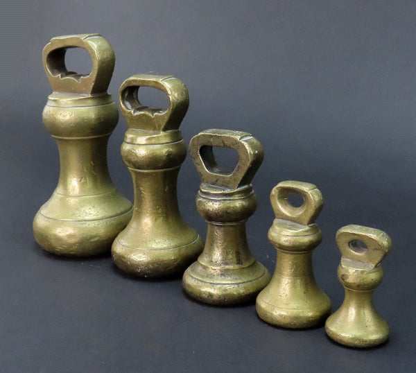 Great Assembled Set of 5 Antique Victorian Brass Weights 4lb Through 4oz