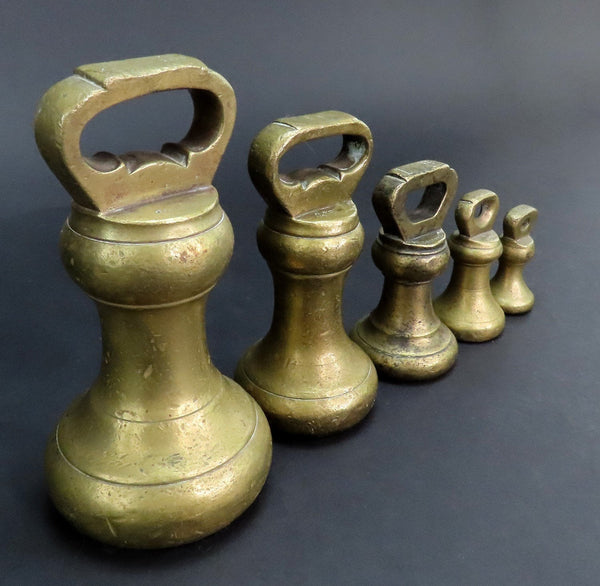 Great Assembled Set of 5 Antique Victorian Brass Weights 4lb Through 4oz