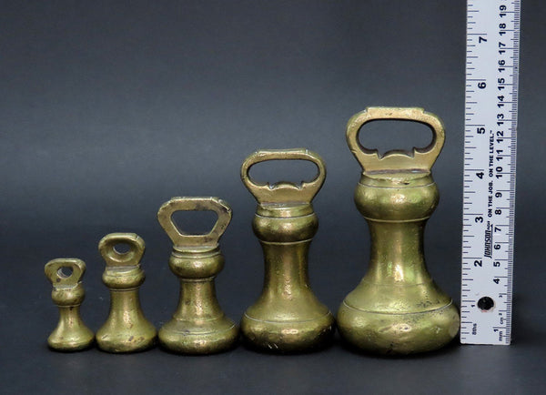 Great Assembled Set of 5 Antique Victorian Brass Weights 4lb Through 4oz