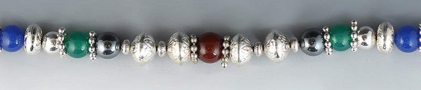 Italian Sterling Silver Necklace w/Chalcedony, Hematite, Rose Quartz, Carnelian