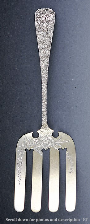 Antique c1880 American Repousse Sterling Silver Asparagus Serving Fork 10"