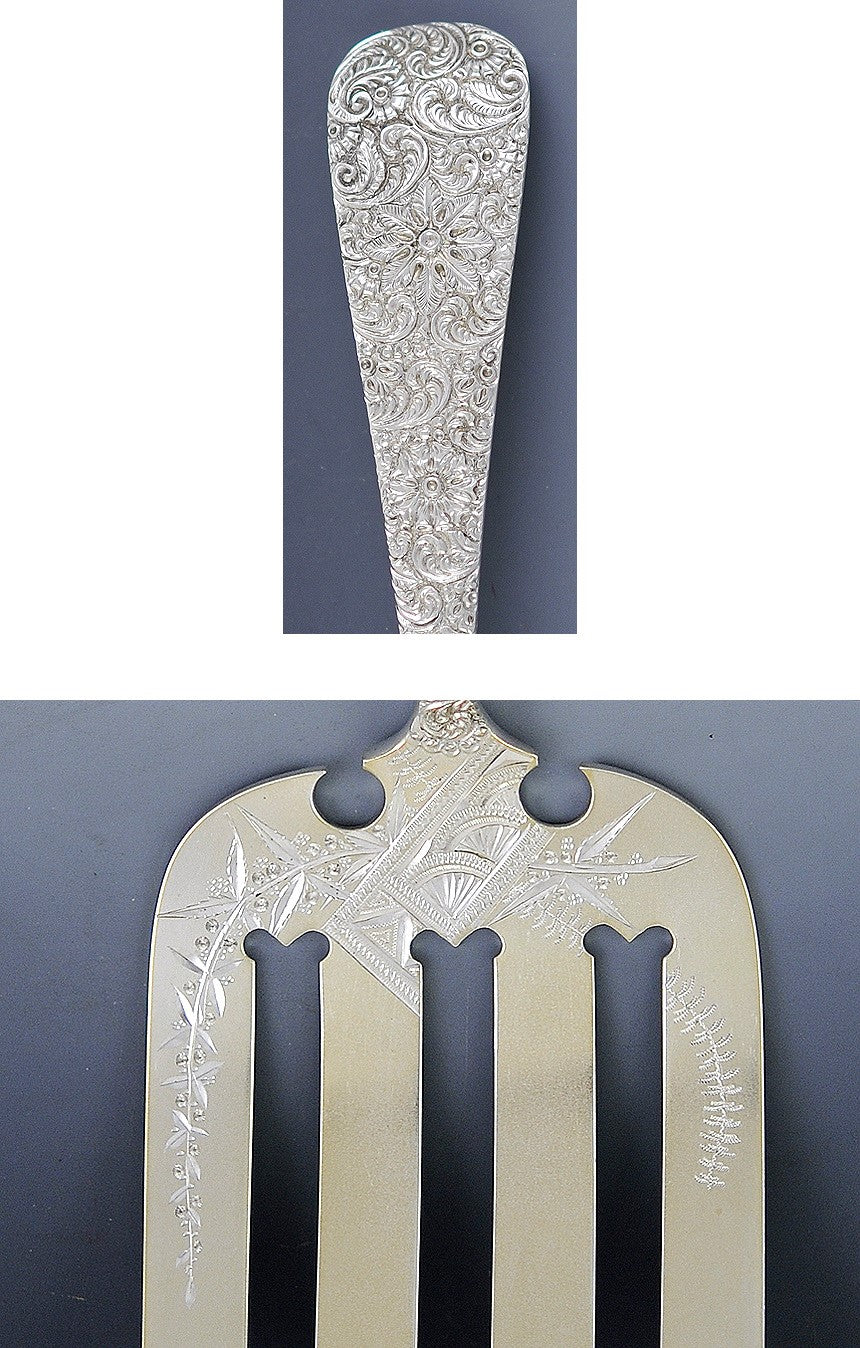 Antique c1880 American Repousse Sterling Silver Asparagus Serving Fork 10"