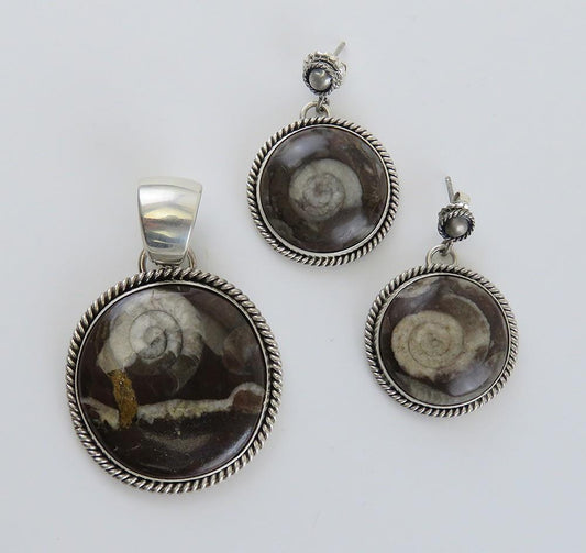 Rare Artie Yellowhorse Navajo Sterling Silver Spiral Fossil Earrings Pendant Set
