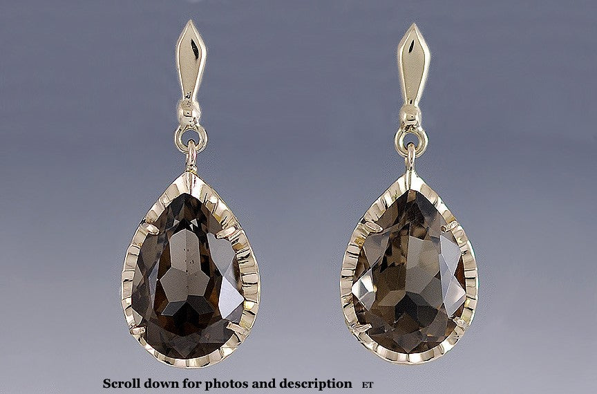 Gorgeous Pair 14K Yellow Gold and Faceted Smoky Quartz Drop Dangle Earrings