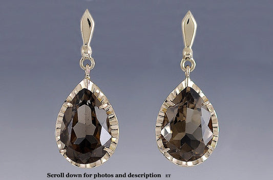 Gorgeous Pair 14K Yellow Gold and Faceted Smoky Quartz Drop Dangle Earrings
