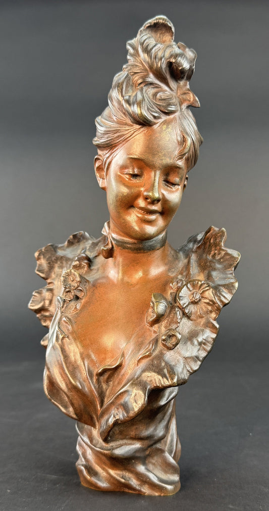 Lovely French Art Nouveau Bronze Bust of a Young Woman Victor Bruyneel