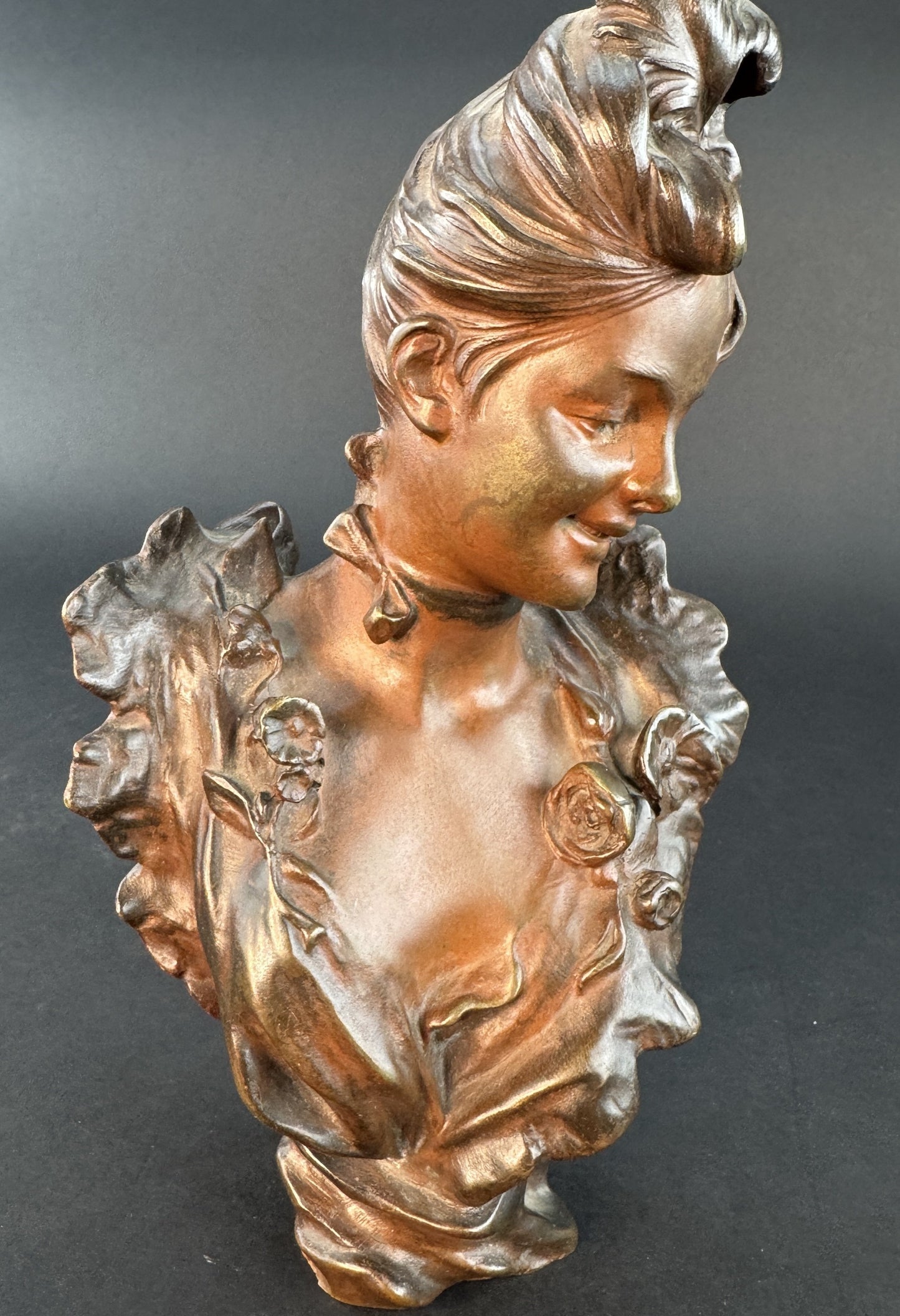Lovely French Art Nouveau Bronze Bust of a Young Woman Victor Bruyneel