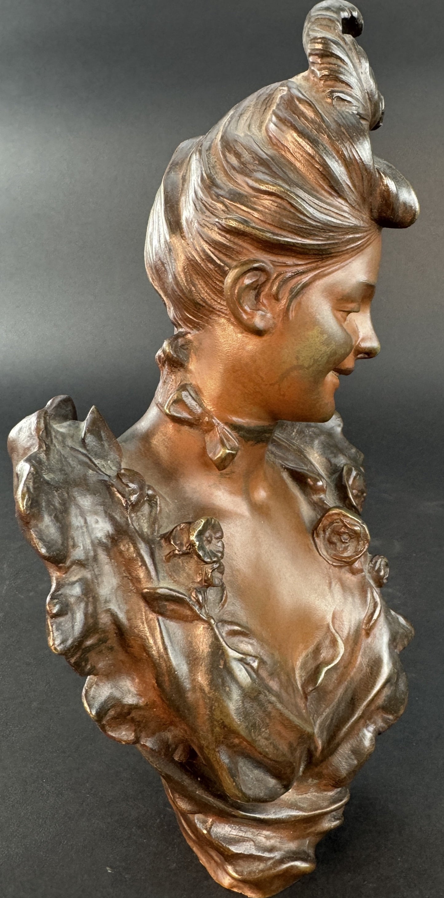 Lovely French Art Nouveau Bronze Bust of a Young Woman Victor Bruyneel