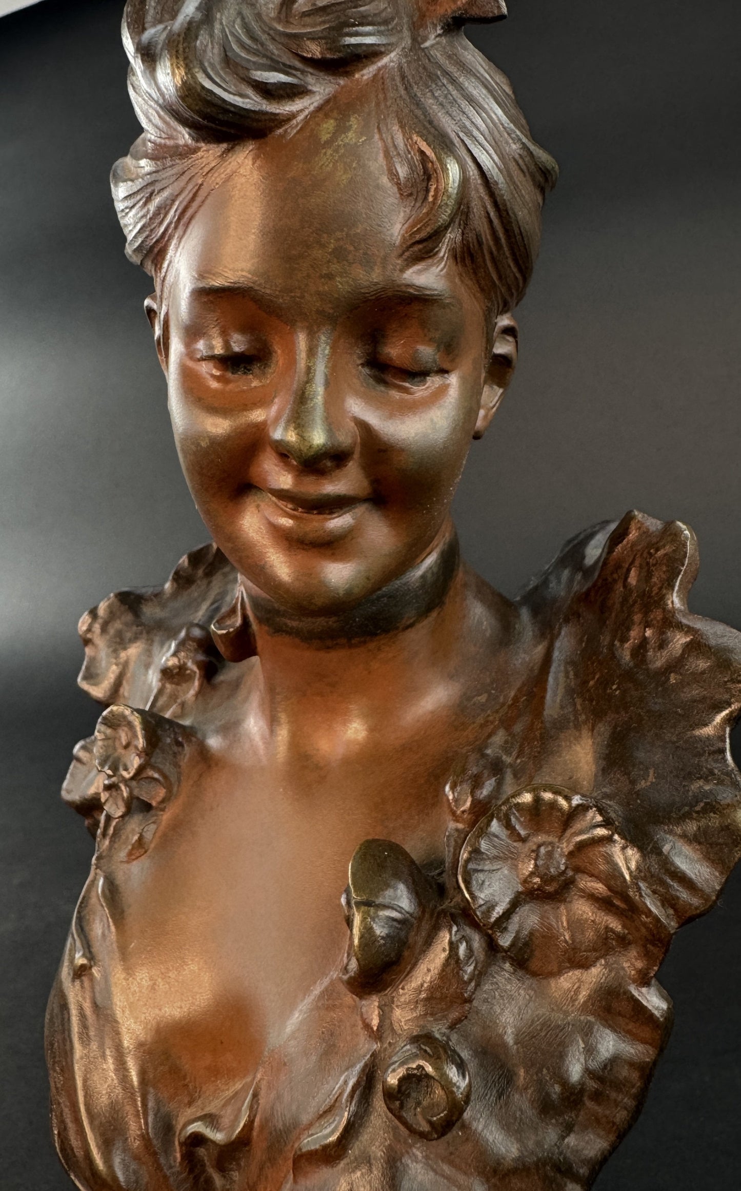 Lovely French Art Nouveau Bronze Bust of a Young Woman Victor Bruyneel