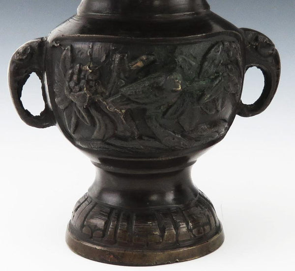 Pair of Antique Chinese Qing Dynasty Bronze Vases Birds Elephant Mask Handles